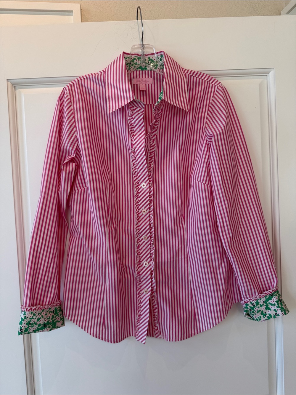 Lilly Pulitzer Pink and White Striped Button-Down with Green Floral Trim